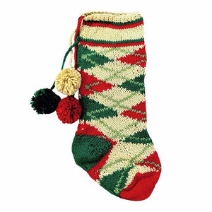 Vintage Knit Christmas Stocking Beige Tan Red Green Pom Poms Argyle Print 20 in